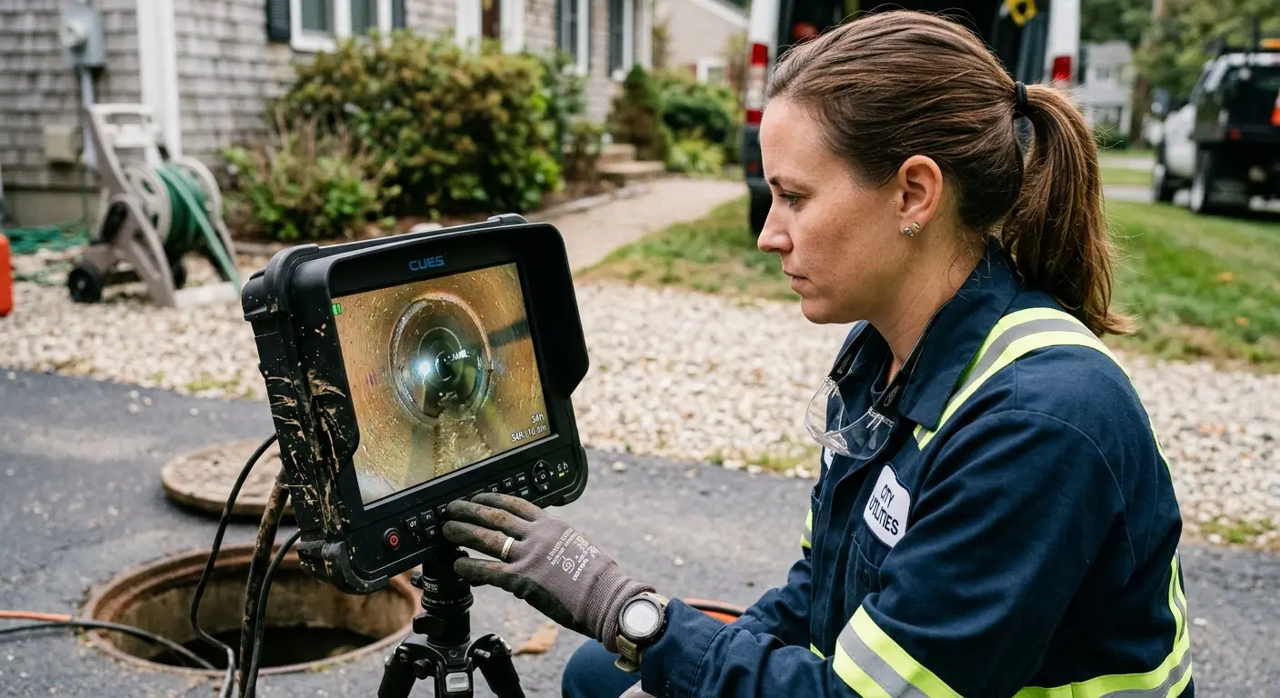 Technician reviewing sewer camera inspection footage in Natchez