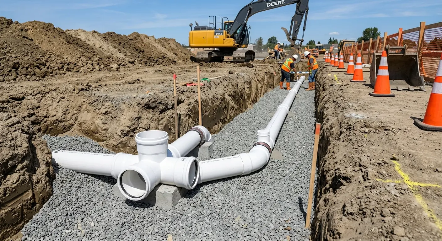 New PVC sewer pipe installation in open trench for Sewer Backup in Natchez