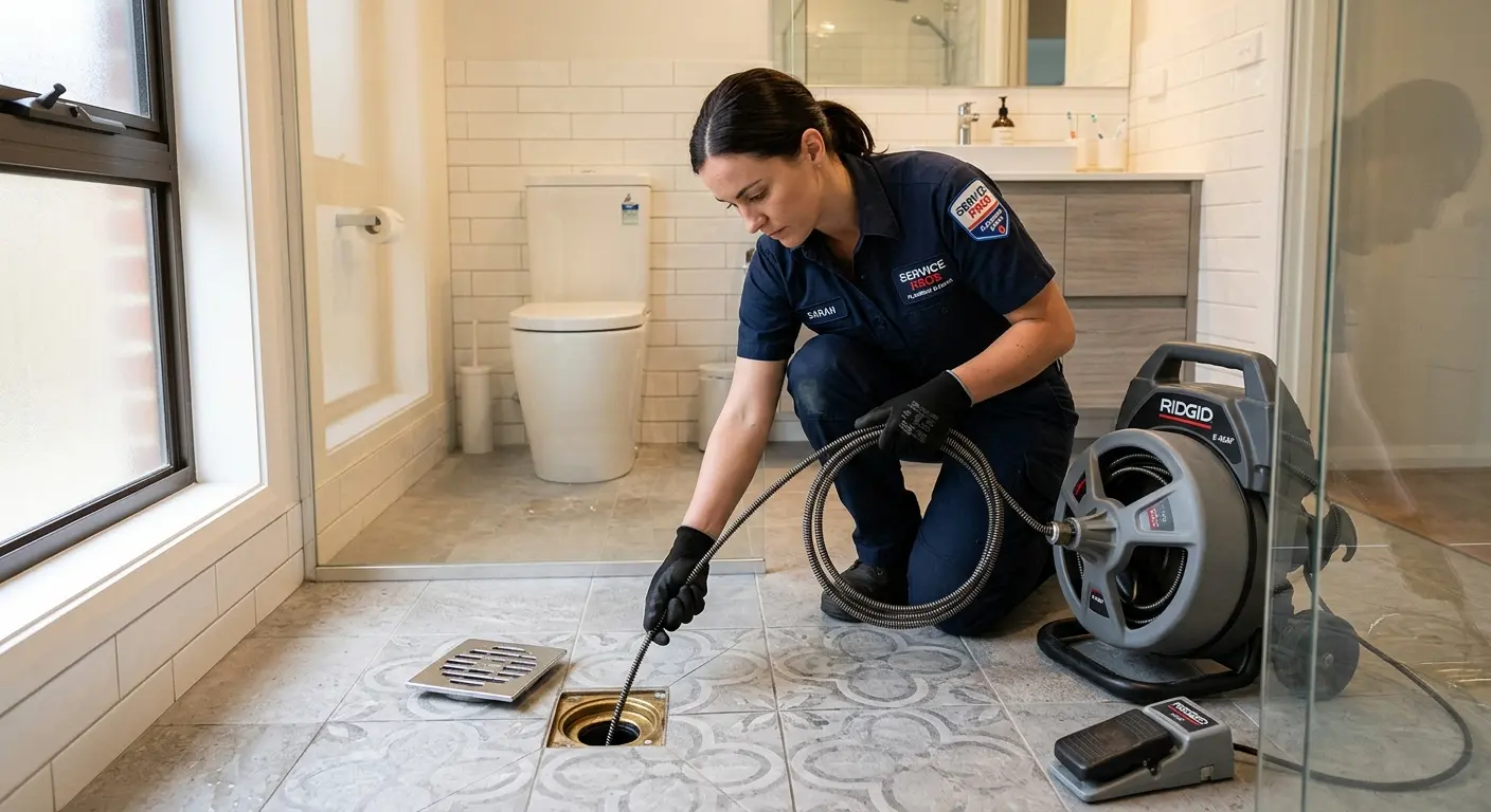 Technician clearing a bathroom floor drain for Drain Cleaning in Natchez